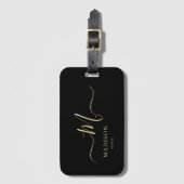 Étiquette À Bagage Mariage de script de monogramme d'or noir personna (Devant Vertical)