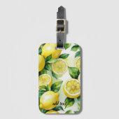 Étiquette À Bagage Mariage moderne en bleu citron floral script (Devant Vertical)