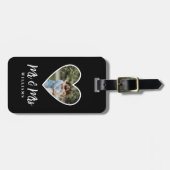 Étiquette À Bagage Mariage Photo Black Heart Frame Moderne Calligraph (Devant horizontal)