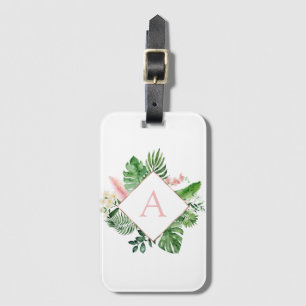 Étiquette À Bagage Mariage Rose Pâle Monogramme Palmiers Tropicaux