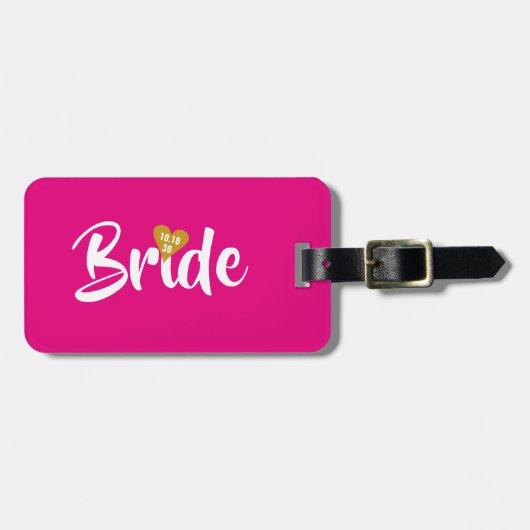 Étiquette À Bagage Mariée Gold Date Coeur Personnalisé (Devant horizontal)