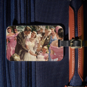 Étiquette À Bagage Mariés de mariage vintage coupent le gâteau