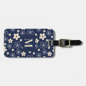 Étiquette À Bagage Marine bleu crème fleur motif rétro (Devant horizontal)