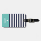 Étiquette À Bagage Marine Bleu et Aqua Chic Stripes Coeur Monogramme (Devant horizontal)