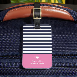Étiquette À Bagage Marine Bleu et rose Chic rayures Coeur Monogramme