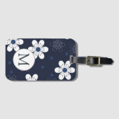 Étiquette À Bagage Marine Bleu Joli Monogramme Floral (Devant Horizontal)