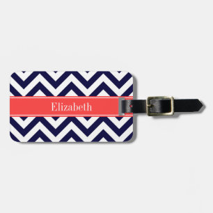 Étiquette À Bagage Marine Bleu Lg Chevron Corail Nom rouge Monogramme