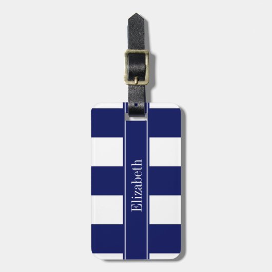 Étiquette À Bagage Marine Blue 5c XL Stripes, Navy 5c Nom Monogramme (Devant Vertical)