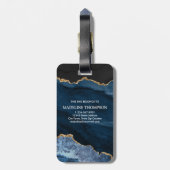 Étiquette À Bagage Marine Blue Gold Agate Monogramme Nom Script Initi (Dos Vertical)