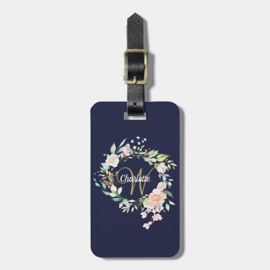 Étiquette À Bagage Marine Blue Gold Script Monogramme Floral Roses (Devant Vertical)
