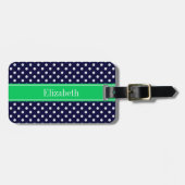 Étiquette À Bagage Marine Blue Wt Polka Dot Emerald Nom vert Monogram (Devant horizontal)