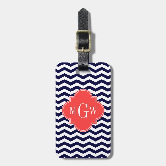 Étiquette À Bagage Marine Chevron Coral Red Quatrefoil 3 Monogramme T (Devant Vertical)