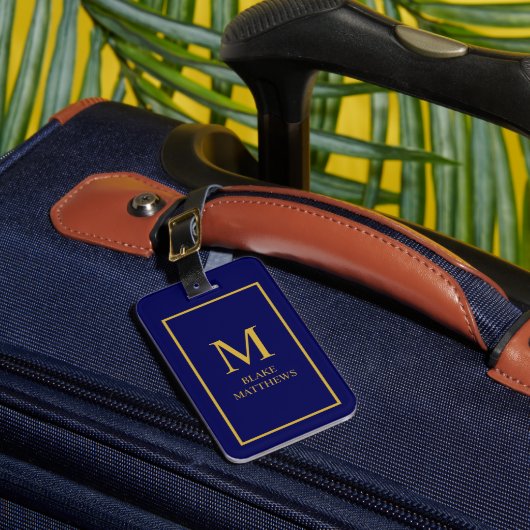 Étiquette À Bagage Marine Personnaliser Bleue Il Or Monogramme & Nom (Insitu Rectoal 1)