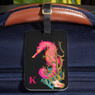 Étiquette À Bagage Marine Seahorse rose noir moderne chic