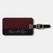 Étiquette À Bagage Maroon Leather Texture Script Nom de calligraphie (Devant horizontal)