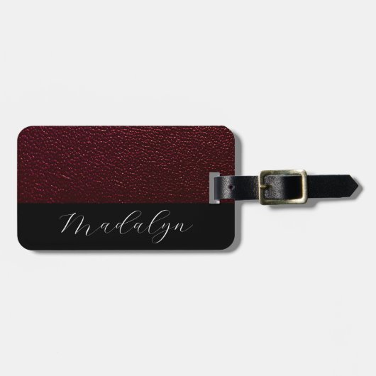 Étiquette À Bagage Maroon Leather Texture Script Nom de calligraphie (Devant horizontal)