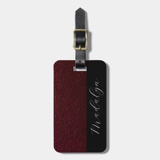 Étiquette À Bagage Maroon Leather Texture Script Nom de calligraphie (Devant Vertical)