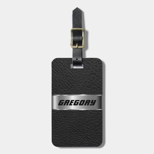 Étiquette À Bagage Masculine Black Faux Cuir & Argent Look 3 (Devant Vertical)