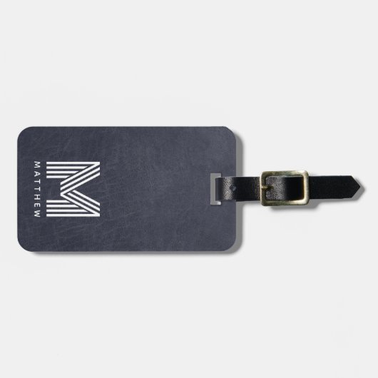 Étiquette À Bagage Masculine en cuir bleu gras monogramme (Devant horizontal)