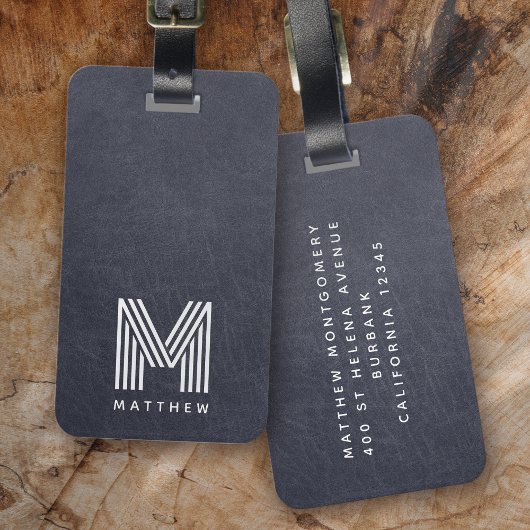 Étiquette À Bagage Masculine en cuir bleu gras monogramme
