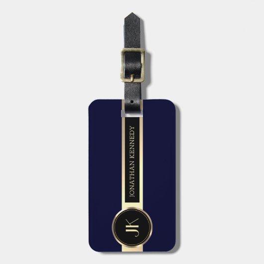 Étiquette À Bagage Masculine Executive Blue & Gold Metal monogramme (Devant Vertical)