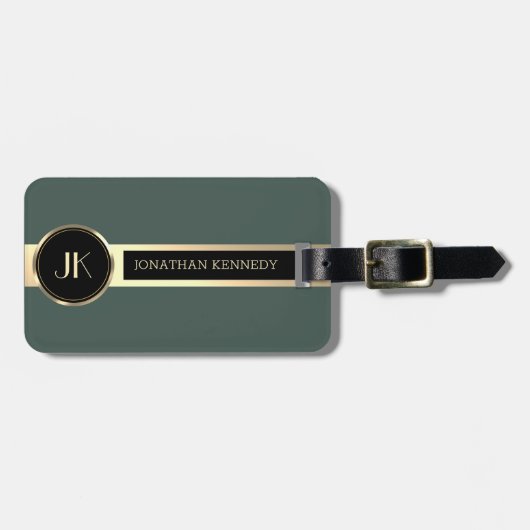 Étiquette À Bagage Masculine Executive Green & Gold Metal monogramme (Devant horizontal)