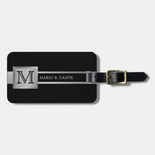 Étiquette À Bagage Masculine Executive Noir & Argent Métal monogramme (Devant horizontal)