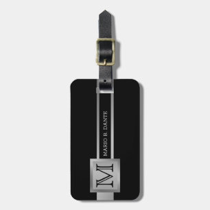Étiquette À Bagage Masculine Executive Noir & Argent Métal monogramme