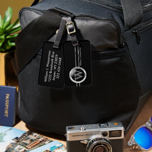 Étiquette À Bagage Masculine Monogramme Executive Style noir (Recto & Verso)