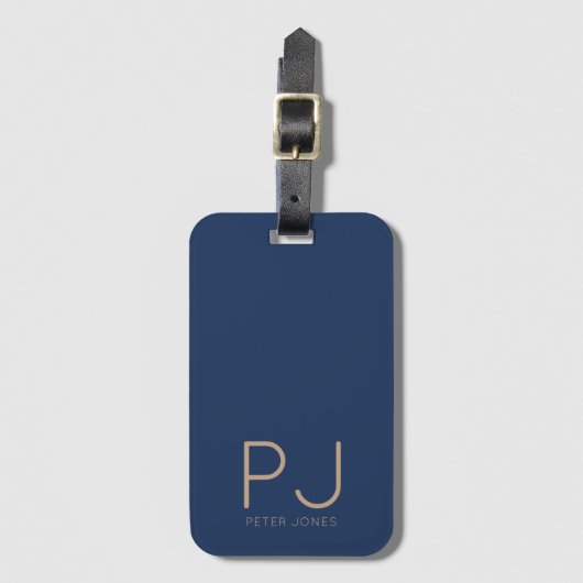 Étiquette À Bagage Masculine Monogramme Moderne Bleu Simple (Devant Vertical)