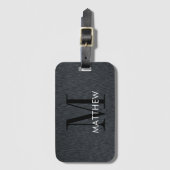 Étiquette À Bagage Masculine Monogramme Script Métal brossé noir  (Devant Vertical)