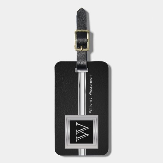Étiquette À Bagage Masculine Monogramme Style Exécutif - Cuir Noir (Devant Vertical)