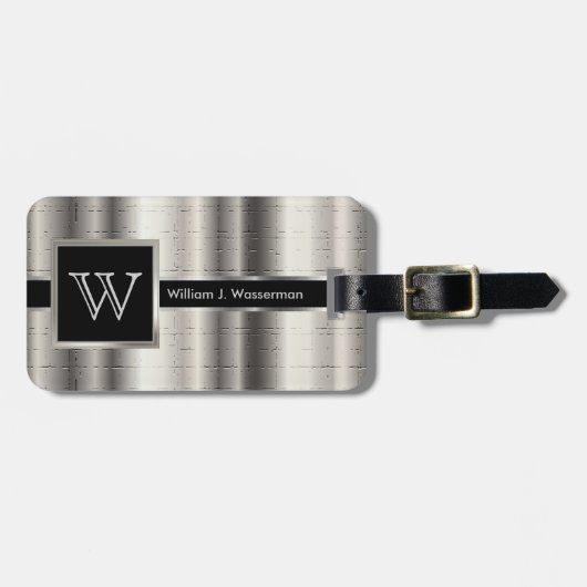 Étiquette À Bagage Masculine Monogramme Style exécutif - Métal Argent (Devant horizontal)