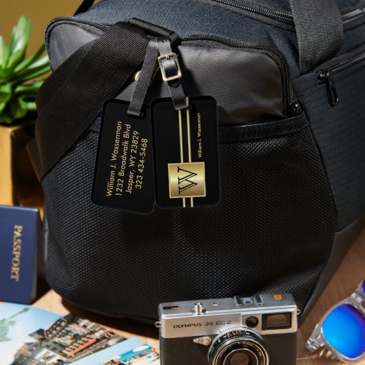 Étiquette À Bagage Masculine Monogramme Style Exécutif - Noir & Or (Recto & Verso)