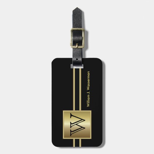 Étiquette À Bagage Masculine Monogramme Style Exécutif - Noir & Or (Devant Vertical)