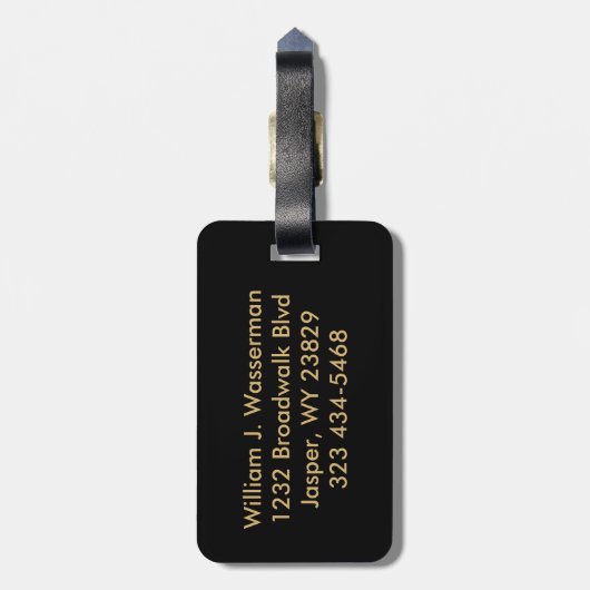 Étiquette À Bagage Masculine Monogramme Style Exécutif - Noir & Or (Dos Vertical)