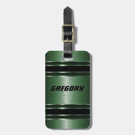 Étiquette À Bagage Masculine Vert Moderne Faux Rayures Métalliques (Devant Vertical)