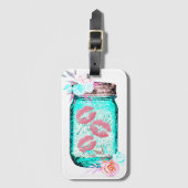 Étiquette À Bagage Mason jarre papillon baiser floral rose turquoise (Devant Vertical)