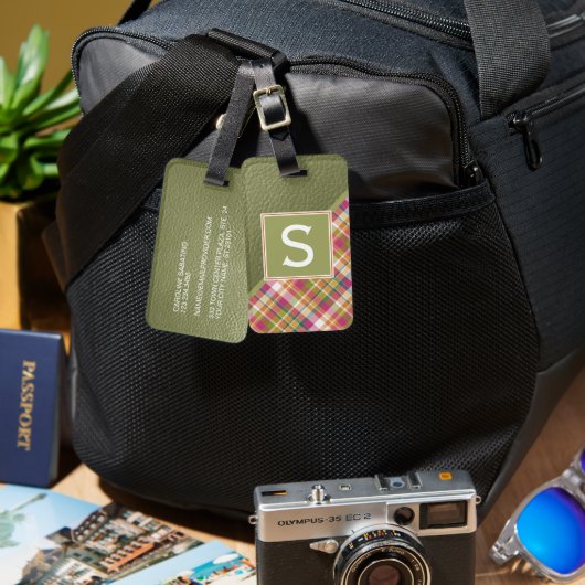 Étiquette À Bagage Mauve Pink Apple Green Classy Simple Plaid Motif (Recto & Verso)