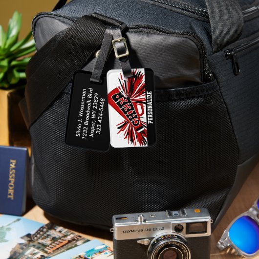 Étiquette À Bagage Mégaphone rouge foncé, blanc et noir Pom-pom girl (Recto & Verso)