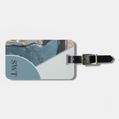 Étiquette À Bagage Mélange de médias Abstrait gris bleu monogramme QR (Devant horizontal)