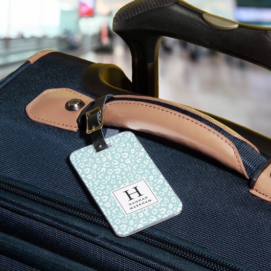 Étiquette À Bagage Menthe | Monogramme Empreinte de léopard pastel