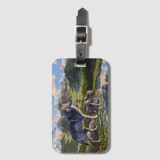 Étiquette À Bagage Mère Wolf & Pups Mountain River Valley (Devant Vertical)