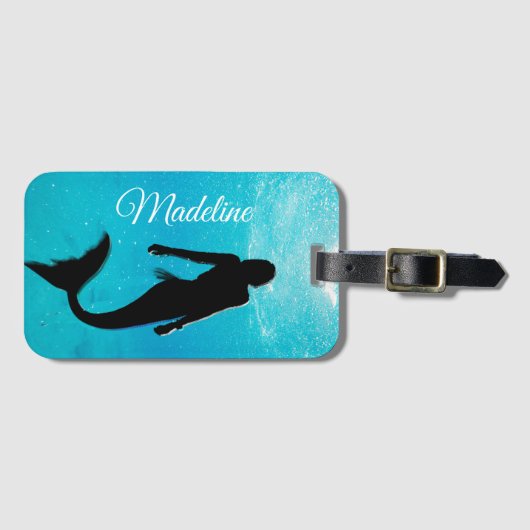 Étiquette À Bagage Mermaid Black Blue Summer Beach Travel Modern (Devant Horizontal)