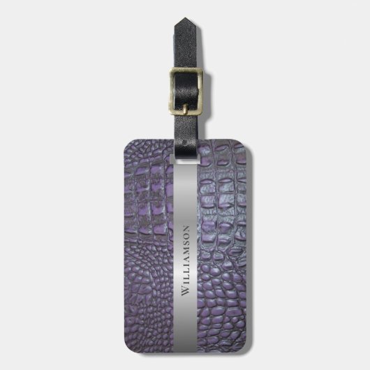 Étiquette À Bagage Métal argenté en cuir numérique à Reptile violet (Devant Vertical)