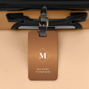 Étiquette À Bagage Métal brossé moderne en cuivre monogrammé