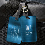 Étiquette À Bagage Métal brossé Monogrammé Blue Faux<br><div class="desc">Balise de bagage en métal brossé monogramme personnalisé</div>