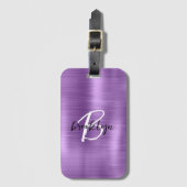 Étiquette À Bagage Métal brossé violet noir noir Monogramme blanc (Devant Vertical)