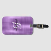 Étiquette À Bagage Métal brossé violet noir noir Monogramme blanc (Devant Horizontal)