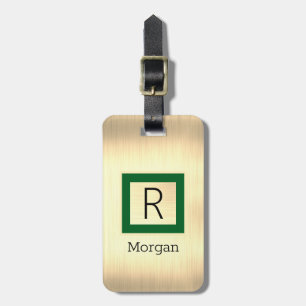 Étiquette À Bagage Métal doré, nom noir & monogramme, boîte verte
